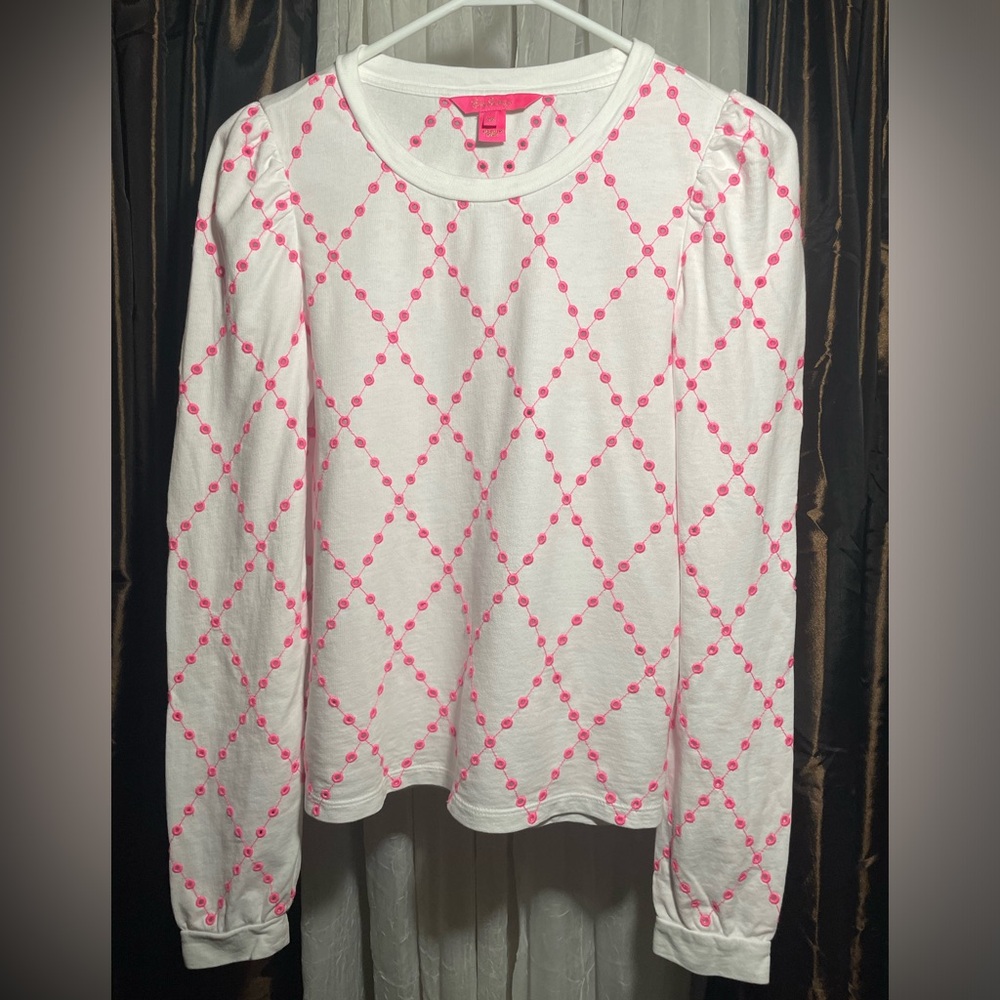 Lilly Pulitzer Jansen Eyelet Sweatshirt Prosecco Pink Oversized Diamond Knit Xs - Picture 2 of 6